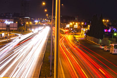 High angle view of light trails on city street