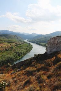 Scenic view of lake and mountains against sky