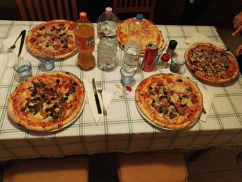 High angle view of pizza on table