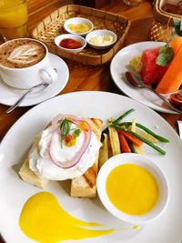 High angle view of breakfast served on table