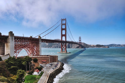 Bridge over river with city in background