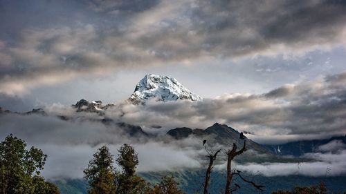 Scenic view of snow covered mountains against sky