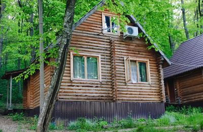 Low angle view of cottage amidst trees and building