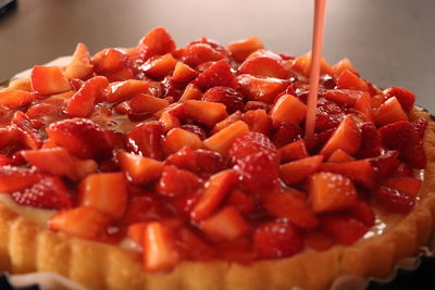 Close-up of chopped strawberries in plate