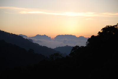 Scenic view of silhouette mountains against sky at sunset