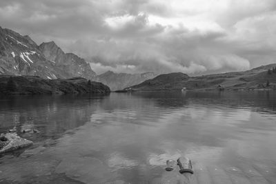 Scenic view of lake and mountains against sky