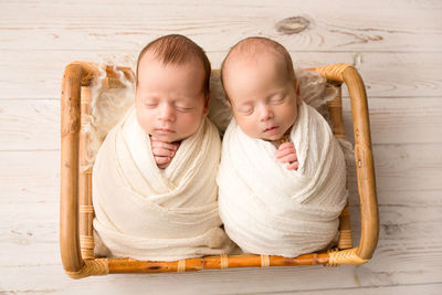 Cute twin baby sleeping in basket