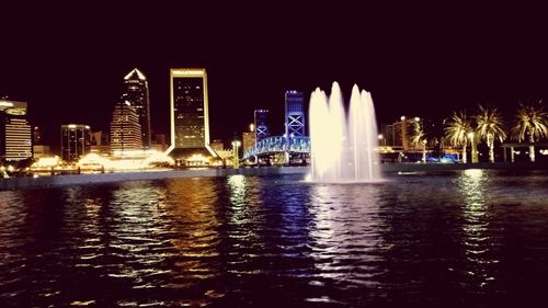 Illuminated fountain at night