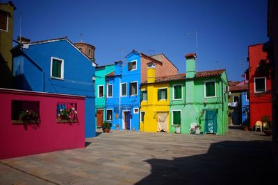 Multi colored houses against clear blue sky