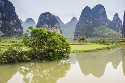 Scenic view of lake and mountains against sky