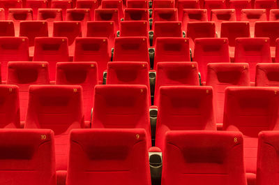 Full frame shot of red empty chairs in stadium