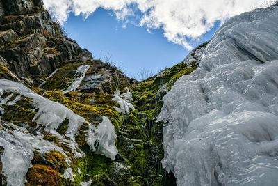 Low angle view of snowcapped mountains against sky