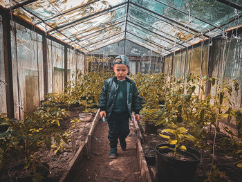 Full length portrait of young man standing in greenhouse