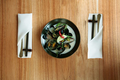 Directly above shot of food on wooden table