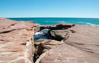 Scenic view of sea against clear blue sky