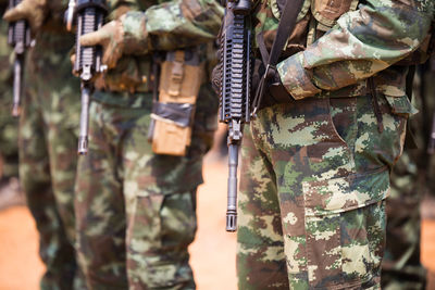 Soldiers with weapons on military combat training
