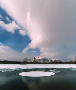 Scenic view of lake against cloudy sky