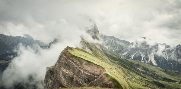 Panoramic view of majestic mountains against cloudy sky