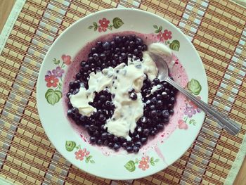 High angle view of breakfast served on table