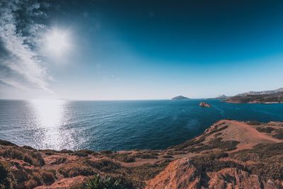 Scenic view of sea against clear blue sky