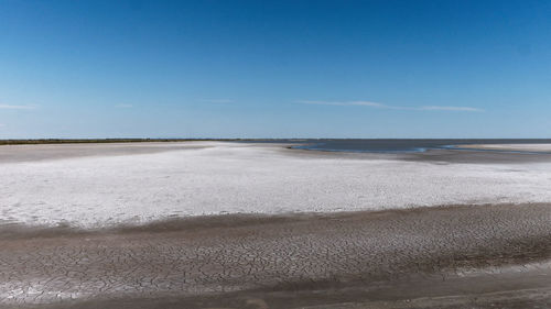 Scenic view of beach against blue sky