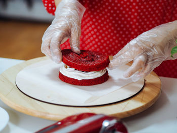 Close-up of hand holding ice cream in plate