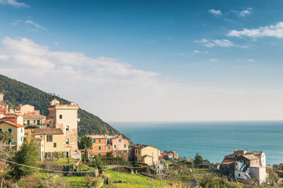 Houses by sea against sky