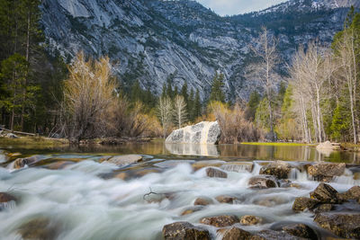 Scenic view of waterfall in forest during winter