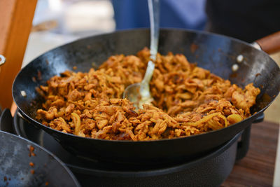 Close-up of chicken on cooking pan