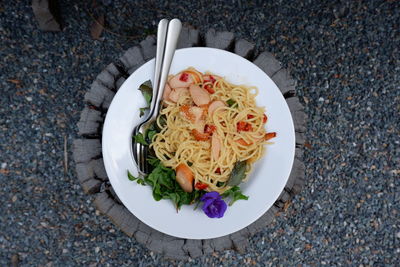 High angle view of food served on table