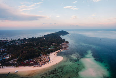 High angle view of sea against sky during sunset