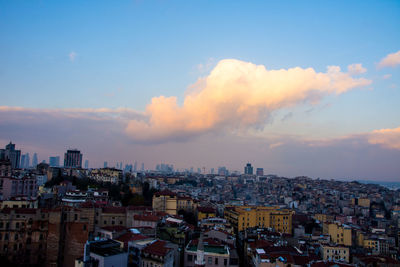 High angle view of townscape against sky at sunset