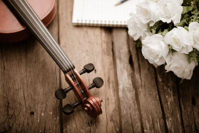 High angle view of flower bouquet on wooden table