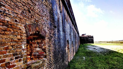 Brick wall with buildings in background