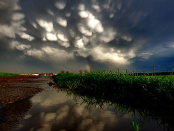 Scenic view of field against cloudy sky