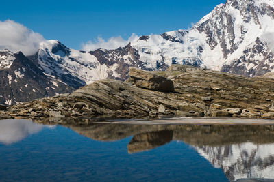 View of lago smeraldo and monte rosa in valle anzasca, piedmont, italy