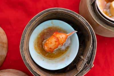 High angle view of noodles in bowl on table