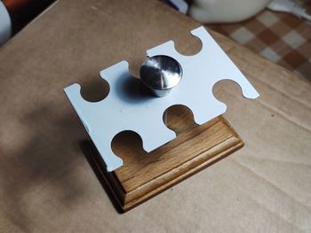 High angle view of objects on table