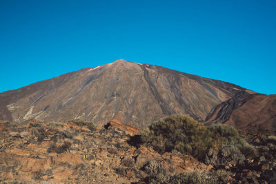 Scenic view of mountains against clear blue sky