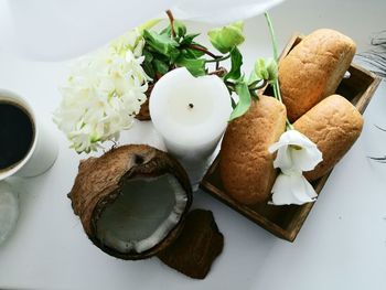 High angle view of food served on table