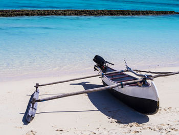 High angle view of boat moored on beach