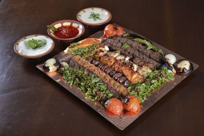 High angle view of meal served on table