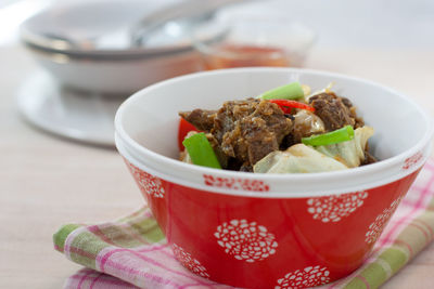 Close-up of meal served in bowl on table