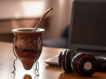 Close-up of coffee cup on table