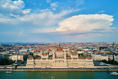 Aerial view of budapest, hungary. parliament building over danube river