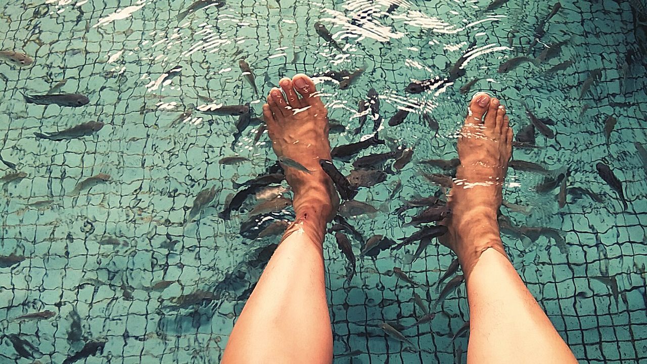 low section, human leg, body part, human body part, real people, lifestyles, one person, nature, leisure activity, personal perspective, water, barefoot, standing, day, human foot, women, high angle view, outdoors, swimming pool, turquoise colored, human limb, finger