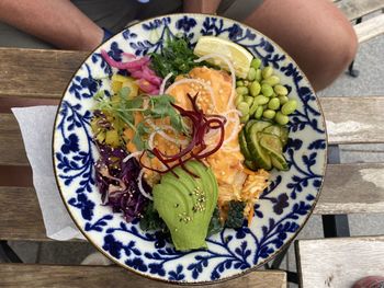 High angle view of food in plate on table