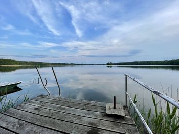 Wooden pier over lake against sky