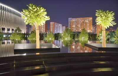 Trees by swimming pool against buildings in city at night