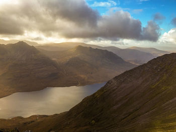 Scenic view of scottish mountains and loch against a cloudy sky. 